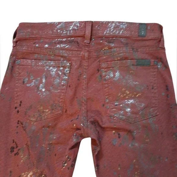 7 For All Mankind Burgundy Metallic Snakeskin Stretch Skinny Jeans size 27 - Picture 6 of 8